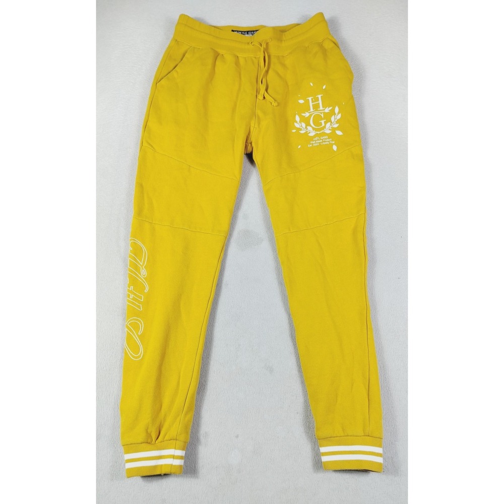 Hustle Gang Jogger Pants Mens Small Yellow Fleece Sweatpants Logo Striped Cuff